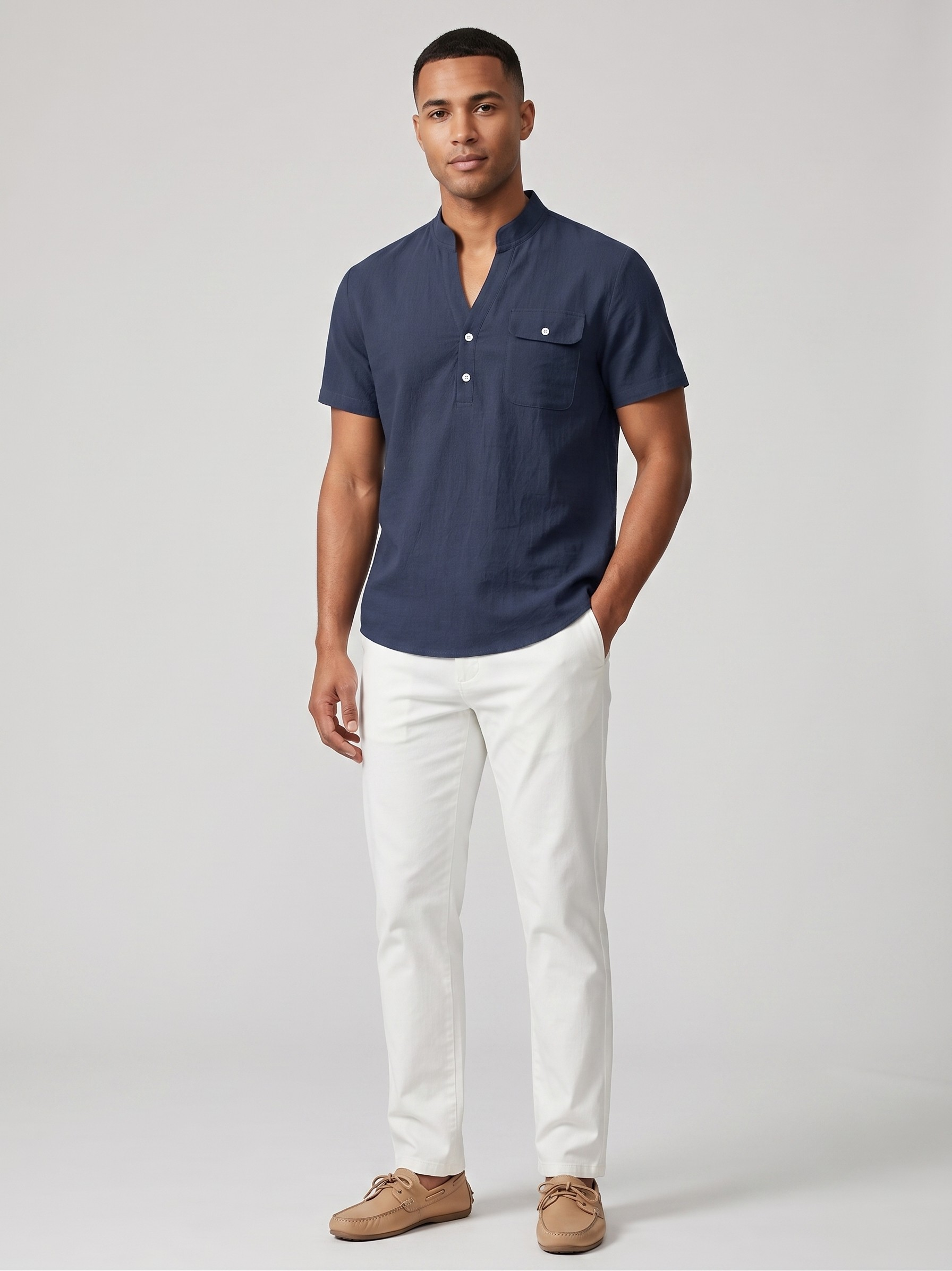 Camicia Henley da uomo casual a maniche corte in misto lino