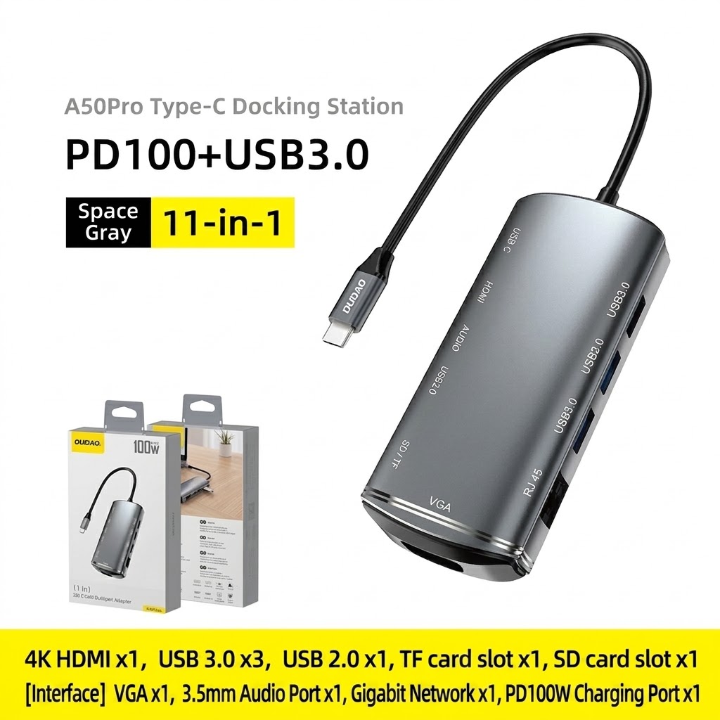 11-in-1 USB C Hub Multiport Adapter with 100W PD, 4K HDMI, USB 3.0, Ethernet, SD/TF Card Readers