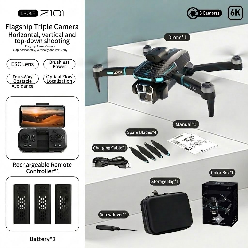 Z101 GPS Brushless Drone with 8K Triple Camera, Intelligent Obstacle Avoidance, Auto Return, Foldable RC Quadcopter for Adults