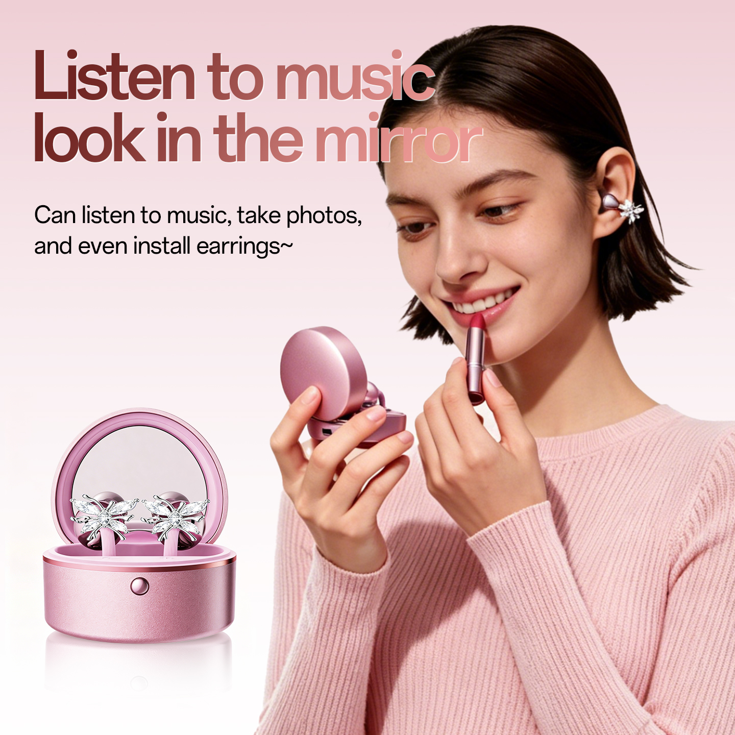 Butterfly Clip-On Wireless Earbuds with Makeup Mirror Case Model#M186
