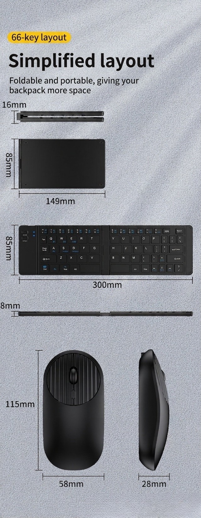 Foldable Bluetooth Keyboard & Mouse Set with 90-Hour Battery, Multi-Device