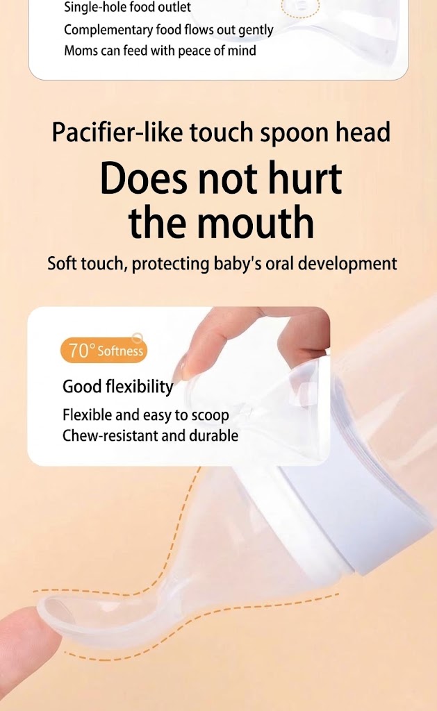 MISUTA Biberon con cucchiaio dosatore per alimenti per neonati, 100 ml, in morbido silicone, con coperchio antipolvere, senza BPA.