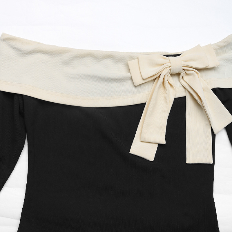 Chic Off-Shoulder Bow Long Sleeve Color Block Top