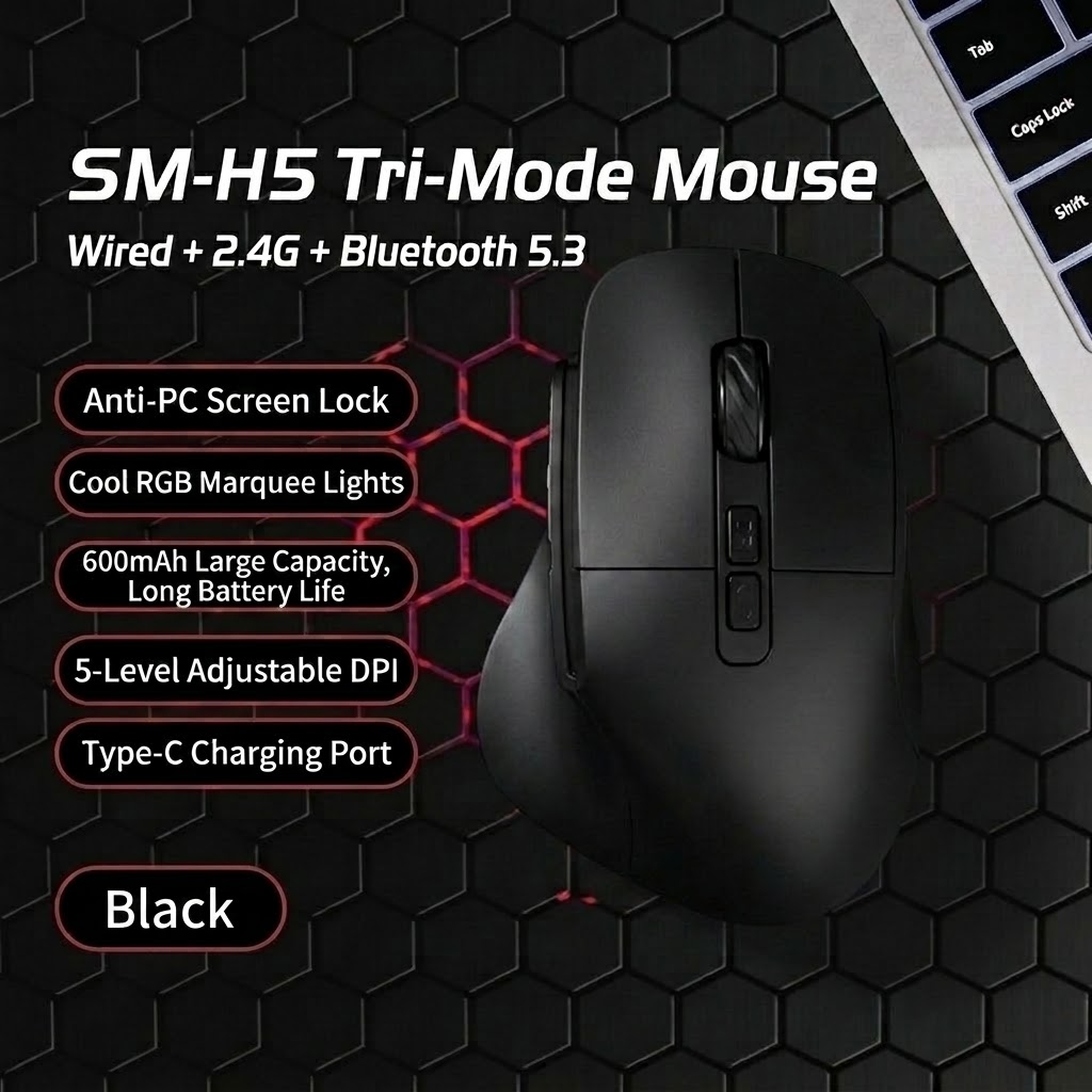 Ergonomic Vertical Wireless Mouse, Multi-Mode 2.4G/BT 5.3/Wired, RGB Lighting, 600mAh Rechargeable - Model 7078 RGB
