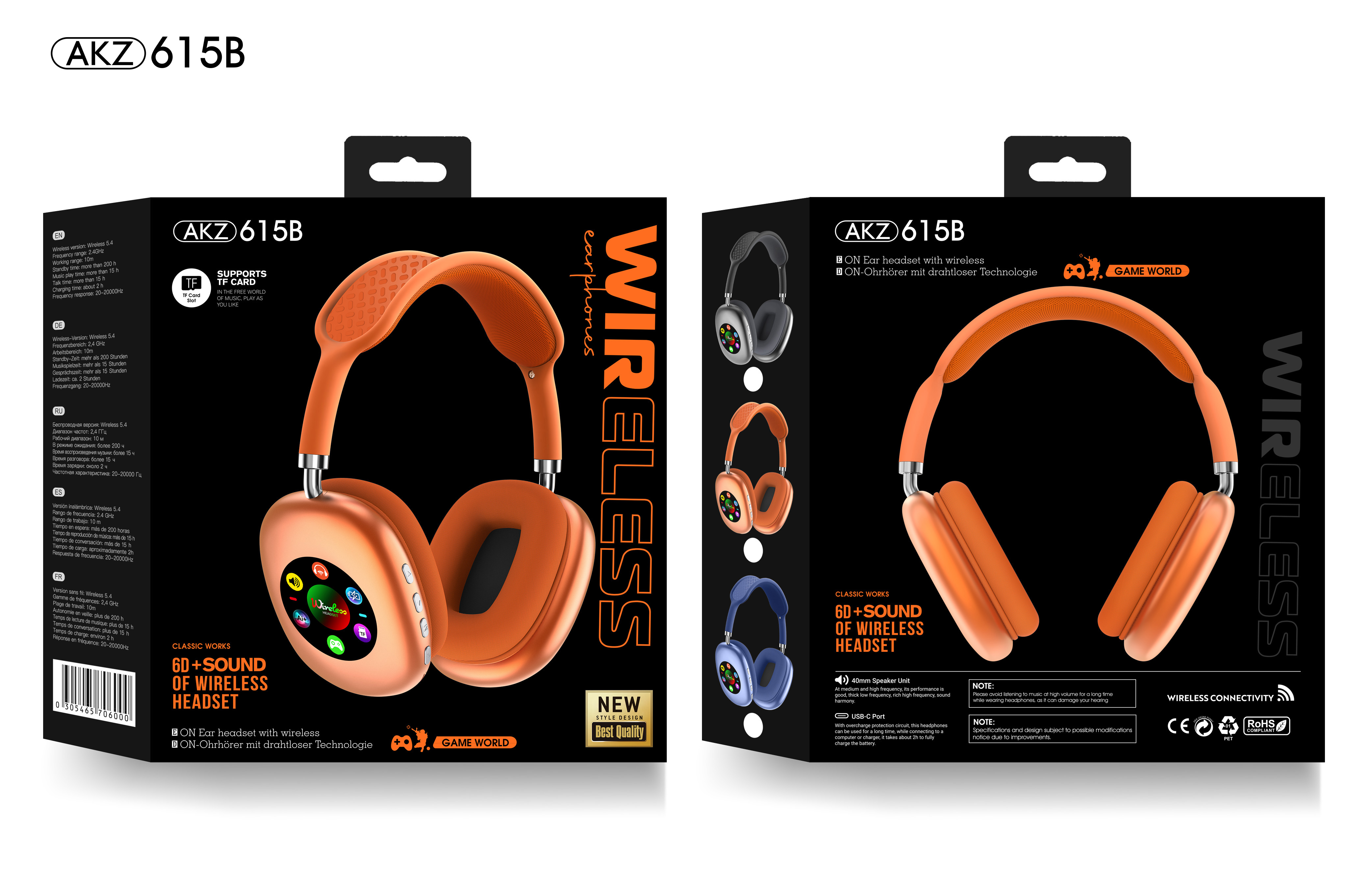 RGB Digital Display Screen Wireless Bluetooth Headphones - AKZ615B
