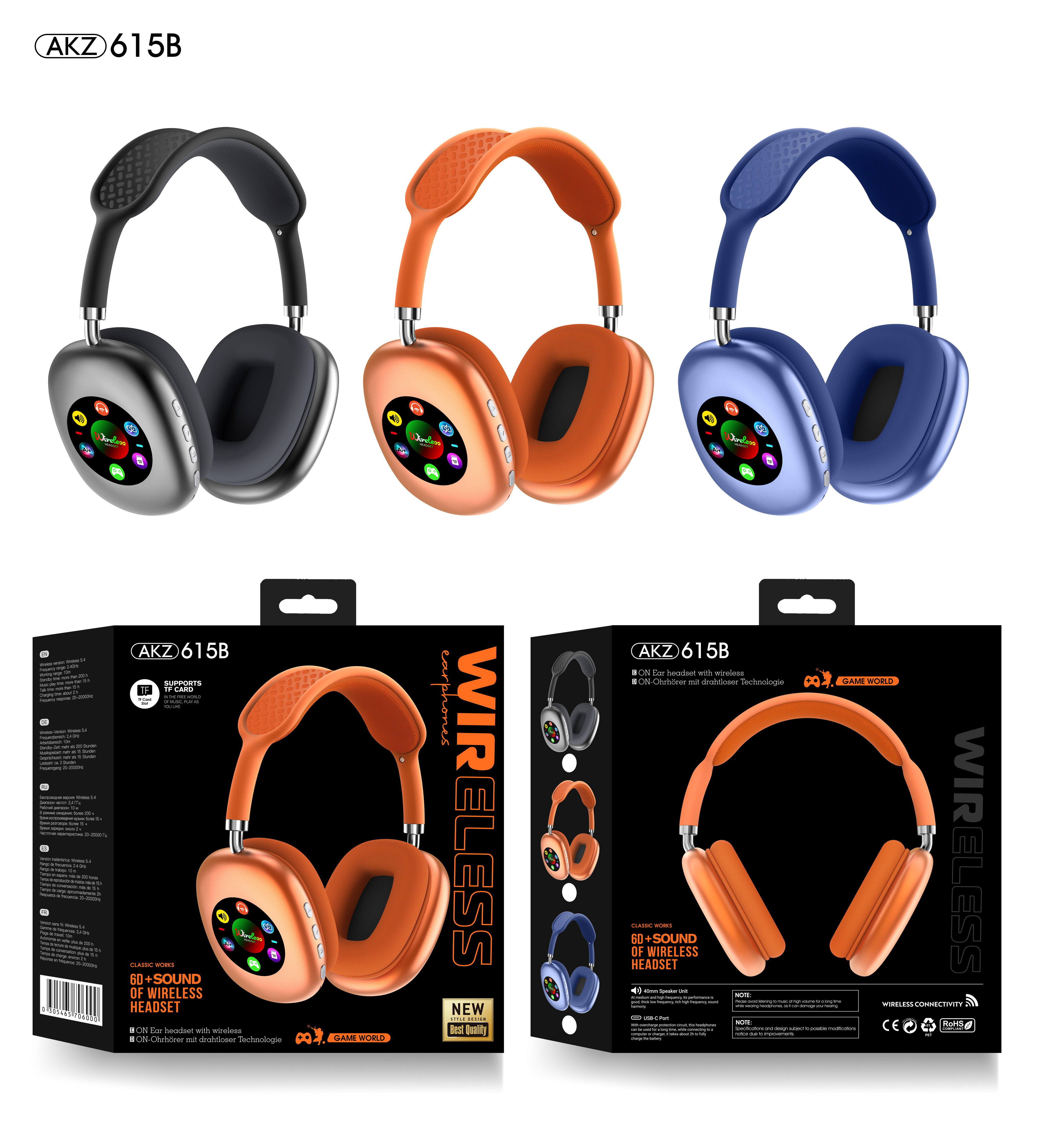 RGB Digital Display Screen Wireless Bluetooth Headphones - AKZ615B