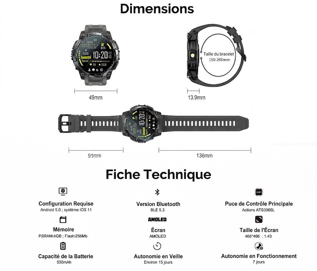Montre connectée sport GPS K78A avec écran AMOLED rond, étanchéité 3 ATM et appels Bluetooth