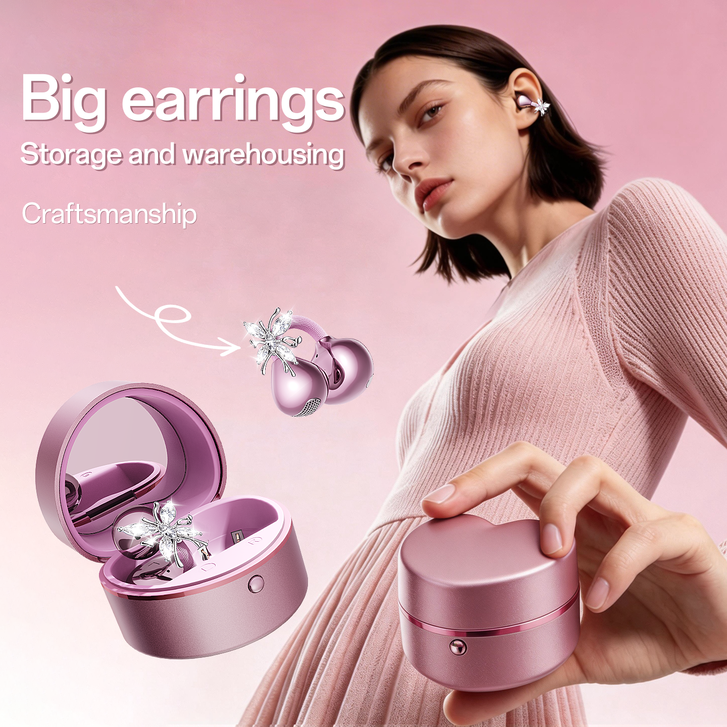 Butterfly Clip-On Wireless Earbuds with Makeup Mirror Case Model#M186