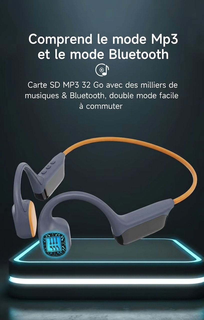 Écouteurs de sport à conduction osseuse étanches IPX8 avec lecteur MP3 de 32 Go