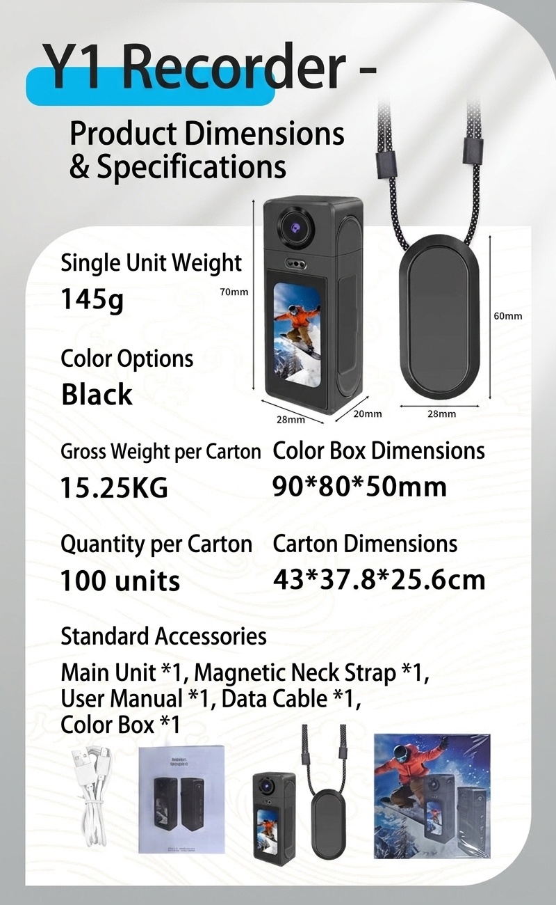 Mini cámara de acción Y1 2K HD con lente giratoria de 180° y cuerpo magnético.