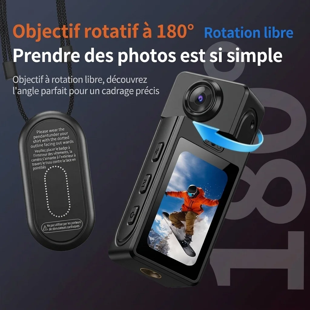 Mini caméra d'action Y1 2K HD avec objectif rotatif à 180° et boîtier magnétique