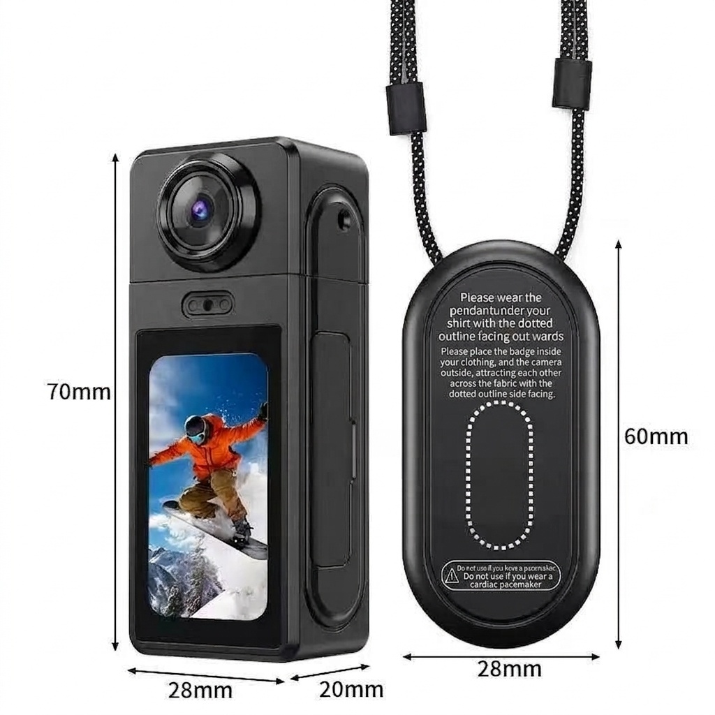 Mini cámara de acción Y1 2K HD con lente giratoria de 180° y cuerpo magnético.