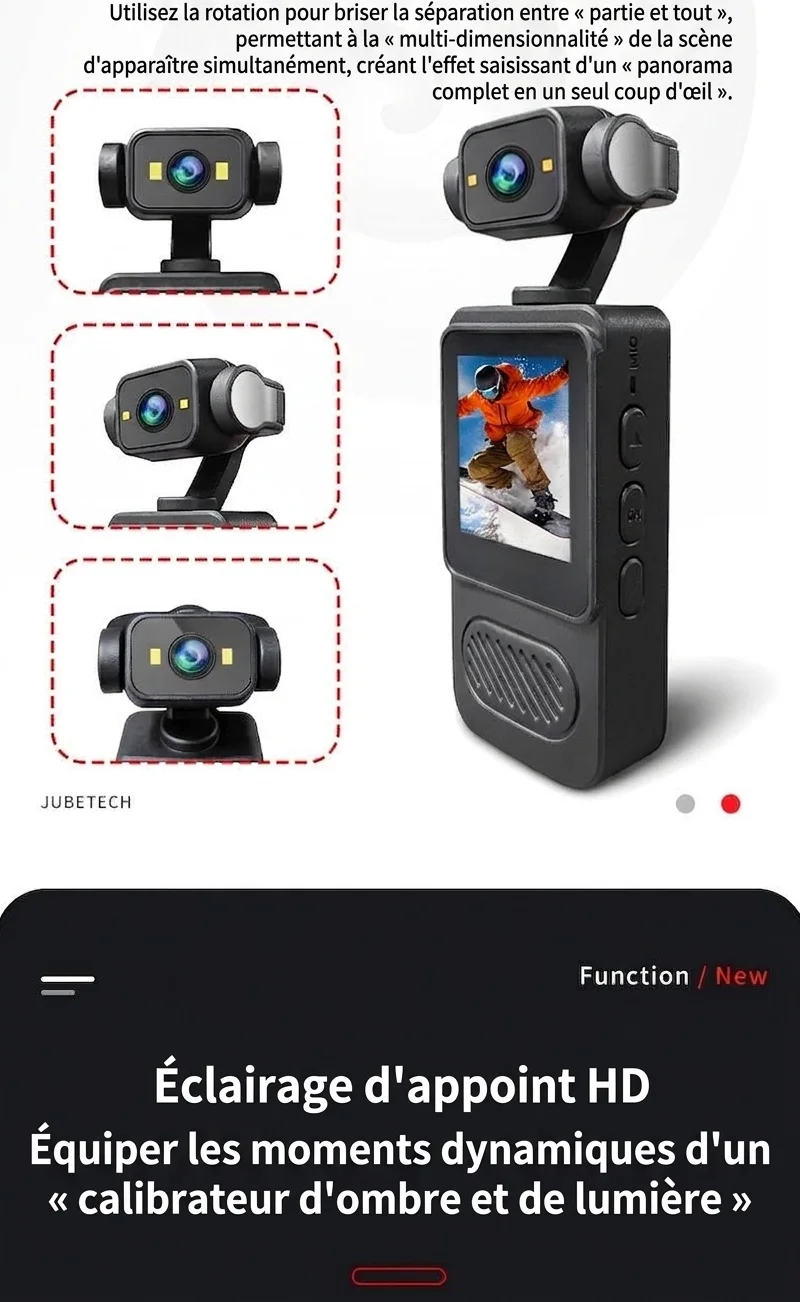 Caméra d'action 4K UHD, objectif rotatif à 180°, stabilisation électronique (EIS), vision nocturne