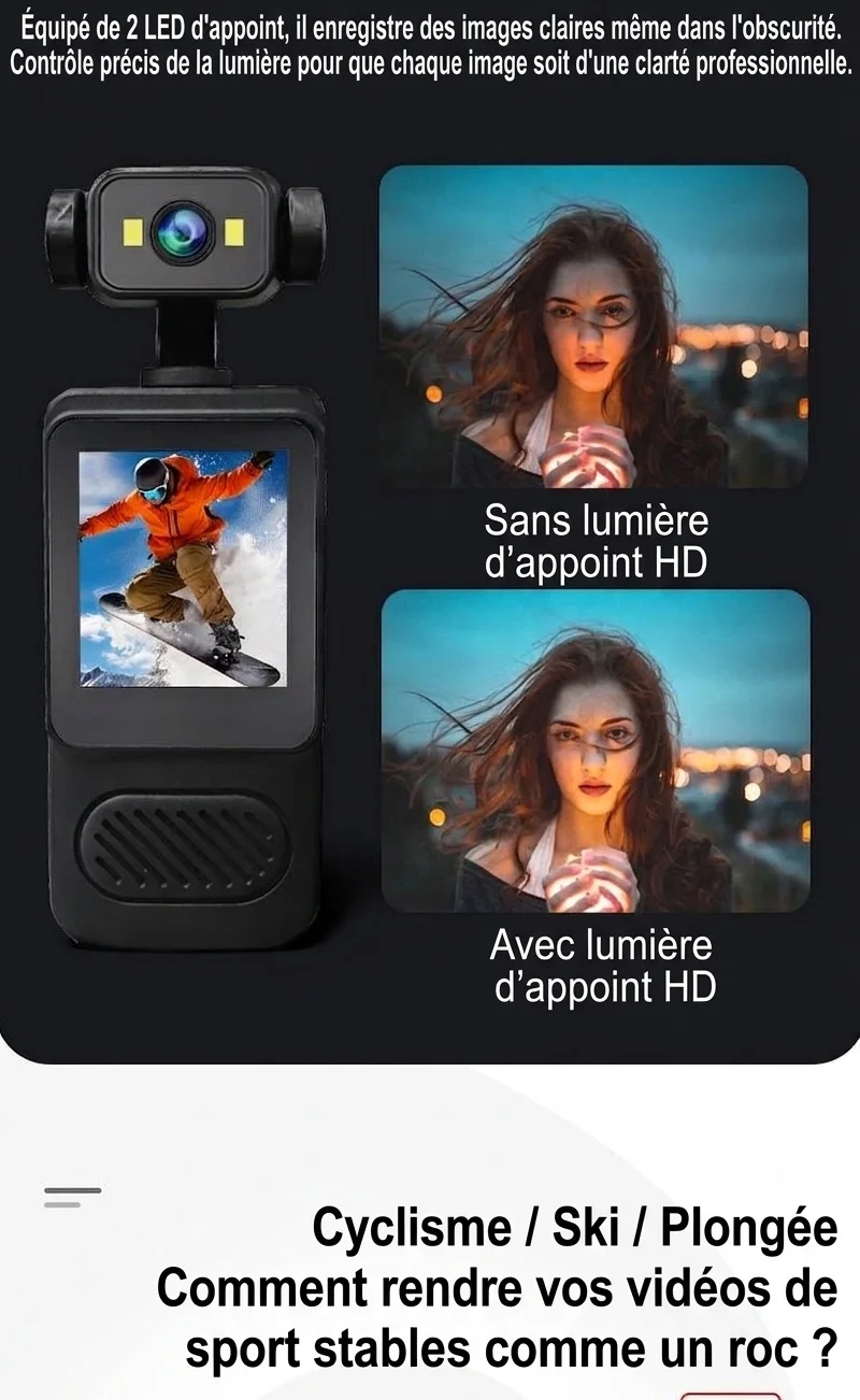 Caméra d'action 4K UHD, objectif rotatif à 180°, stabilisation électronique (EIS), vision nocturne