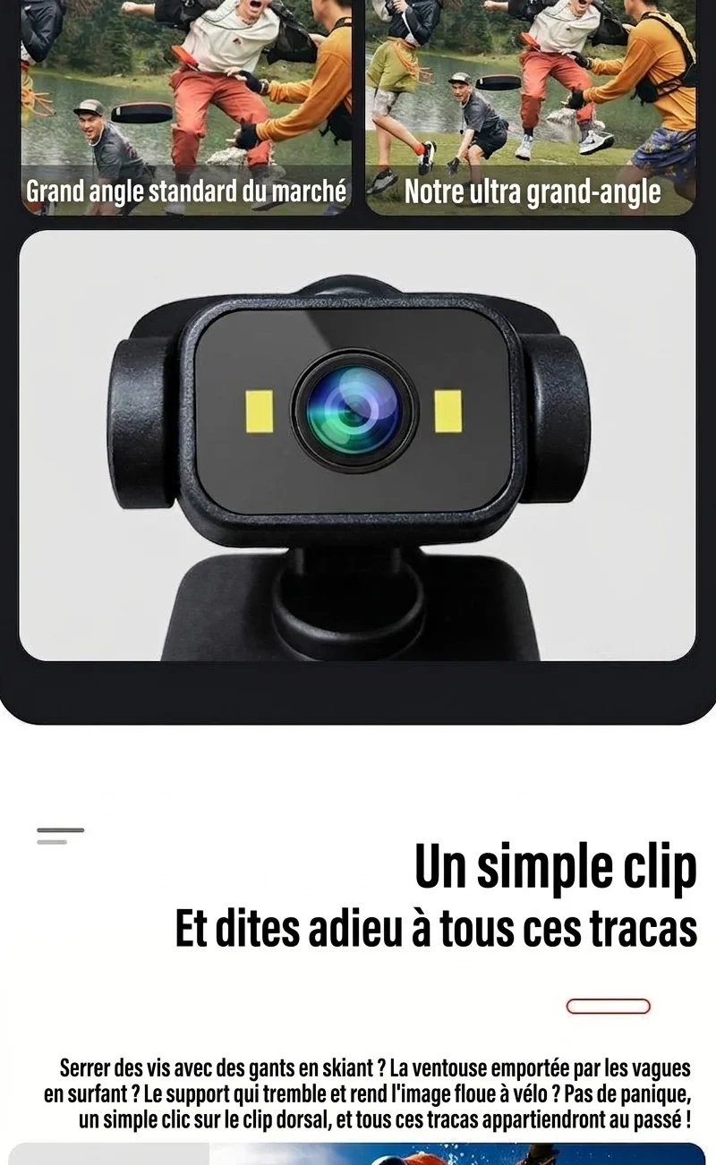 Caméra d'action 4K UHD, objectif rotatif à 180°, stabilisation électronique (EIS), vision nocturne
