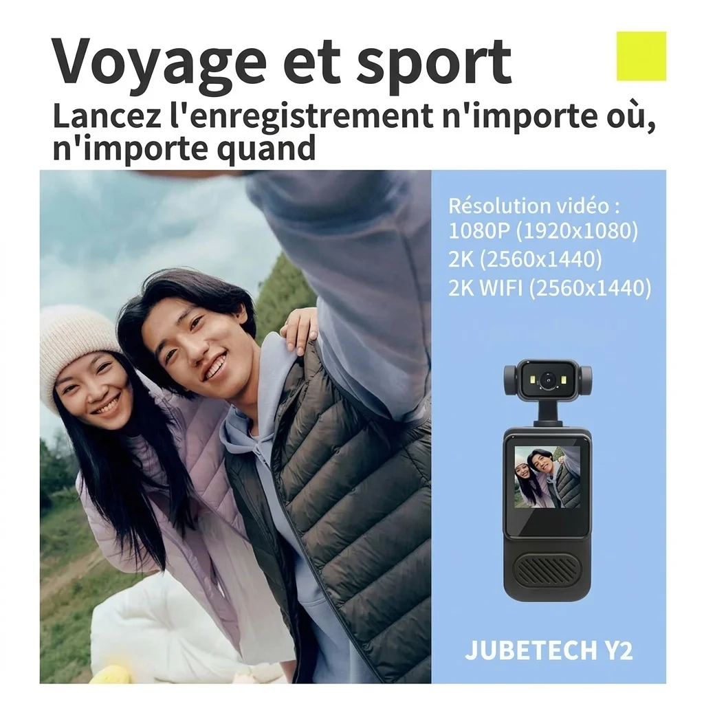 Caméra d'action 4K UHD, objectif rotatif à 180°, stabilisation électronique (EIS), vision nocturne