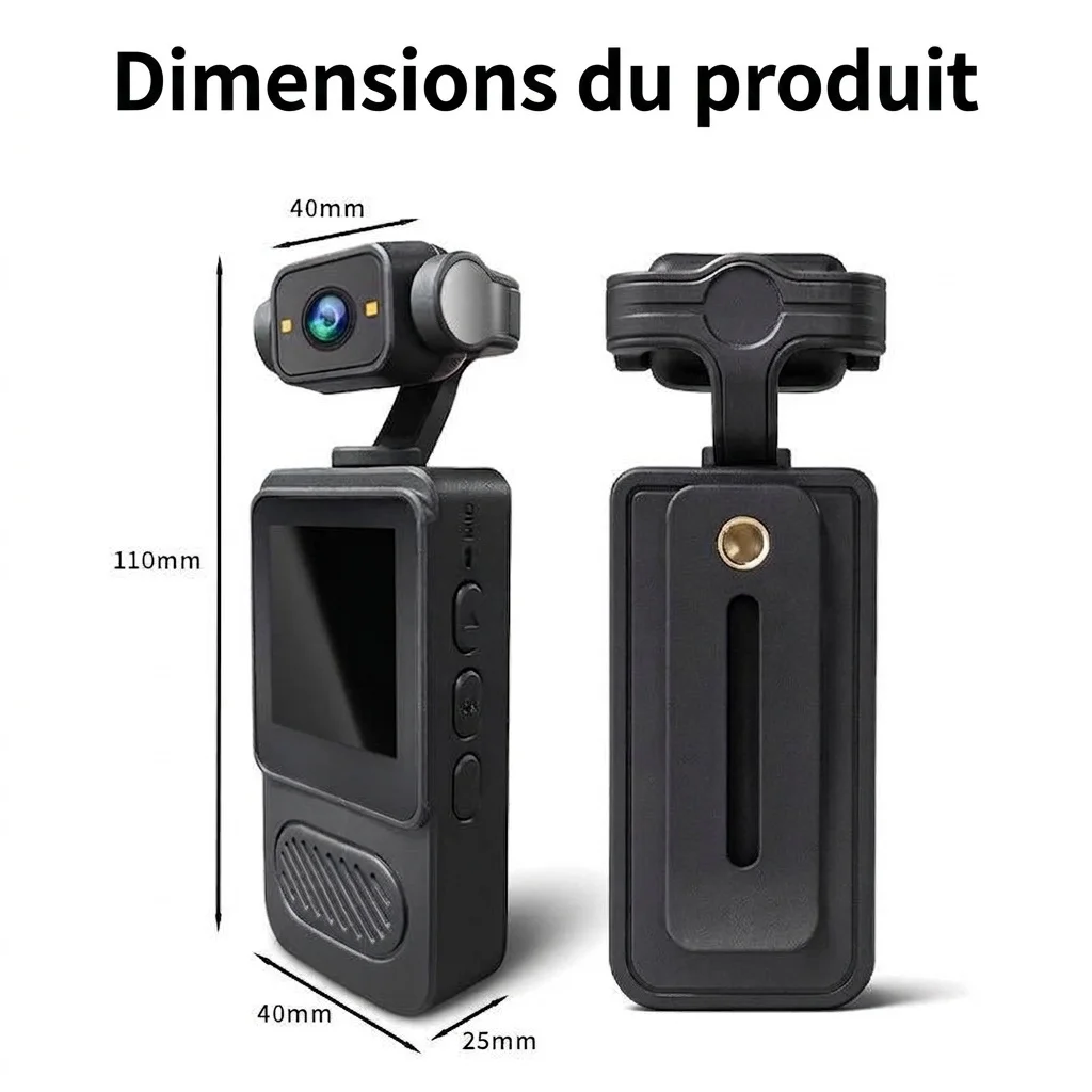 Caméra d'action 4K UHD, objectif rotatif à 180°, stabilisation électronique (EIS), vision nocturne