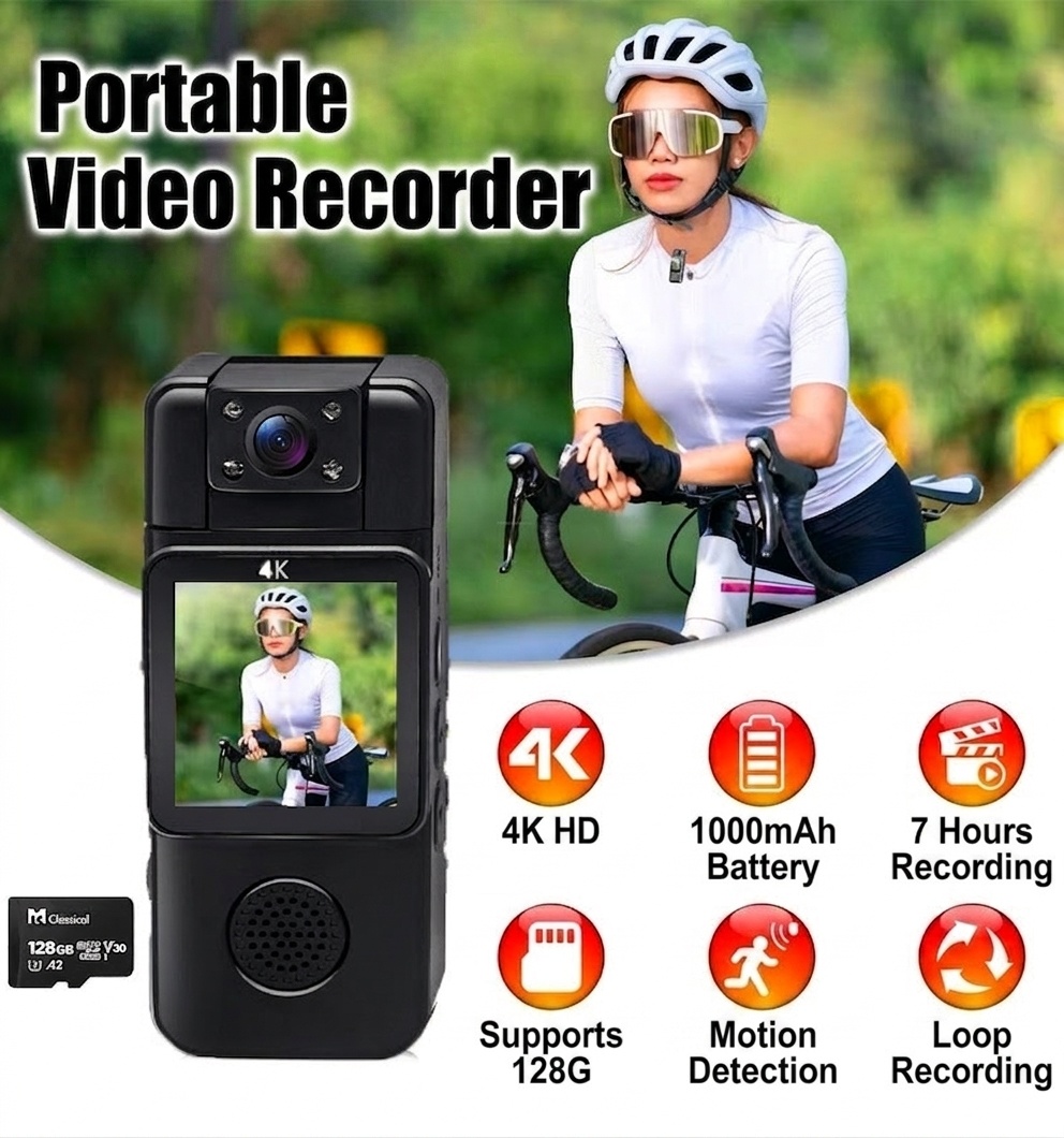 Minicámara de acción 4K de bolsillo con lente giratoria de 180° y detección de movimiento por Wi-Fi.