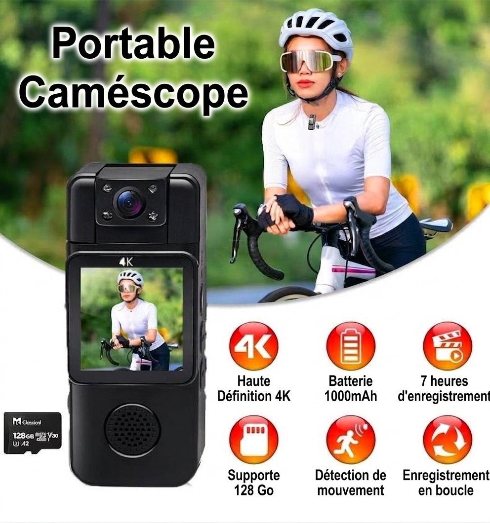 Mini caméra d'action de poche 4K avec objectif rotatif à 180°, Wi-Fi et détection de mouvement