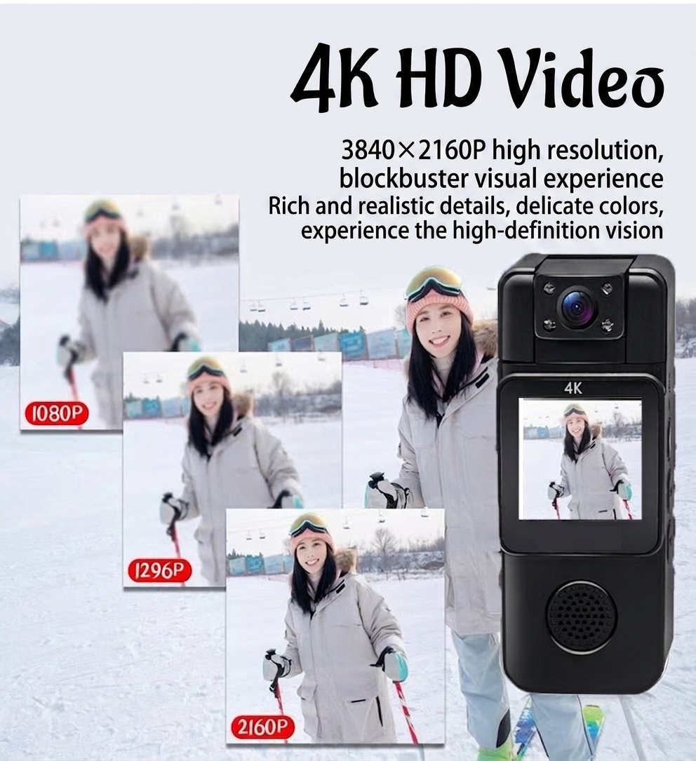 Minicámara de acción 4K de bolsillo con lente giratoria de 180° y detección de movimiento por Wi-Fi.