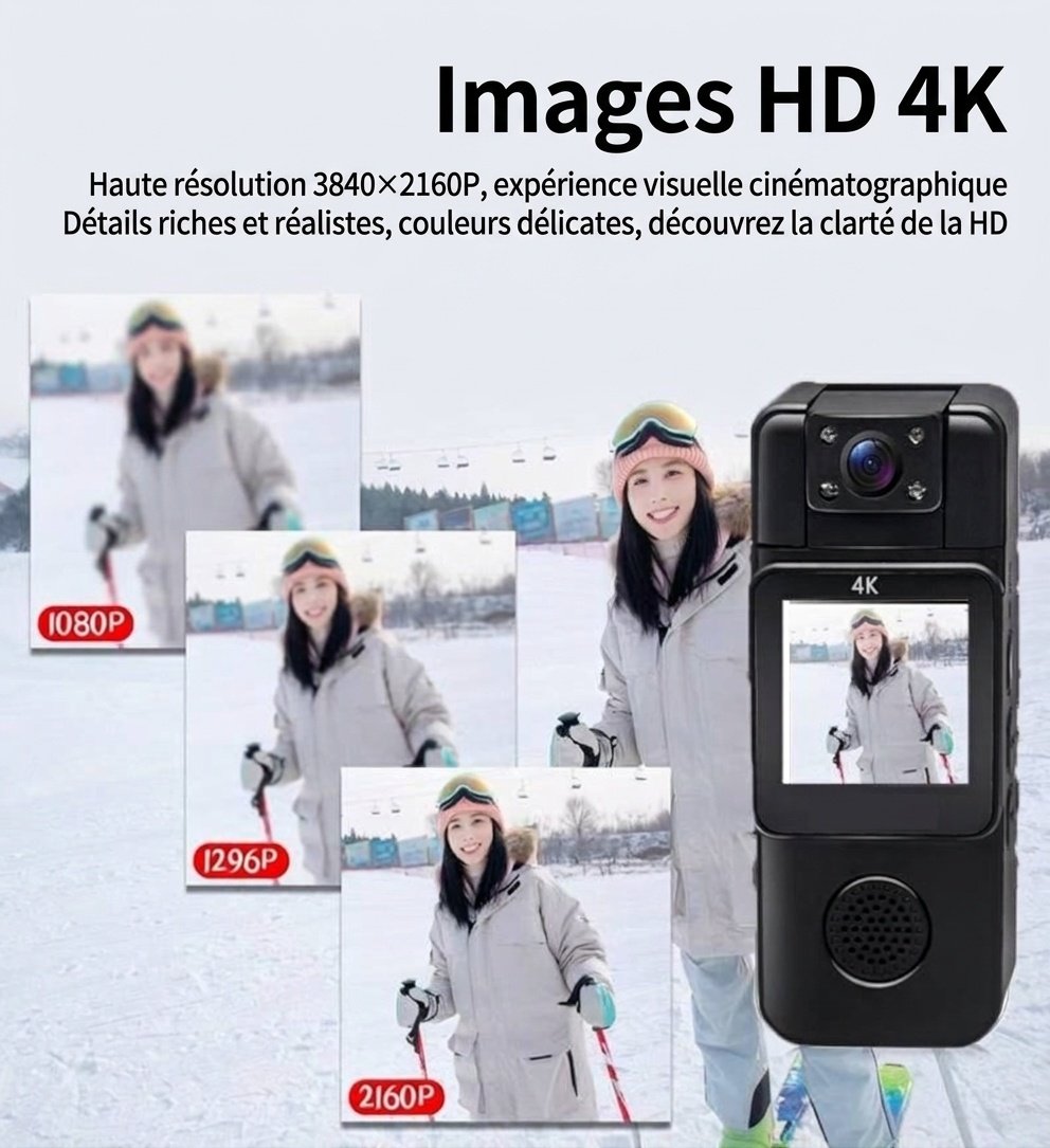 Mini caméra d'action de poche 4K avec objectif rotatif à 180°, Wi-Fi et détection de mouvement