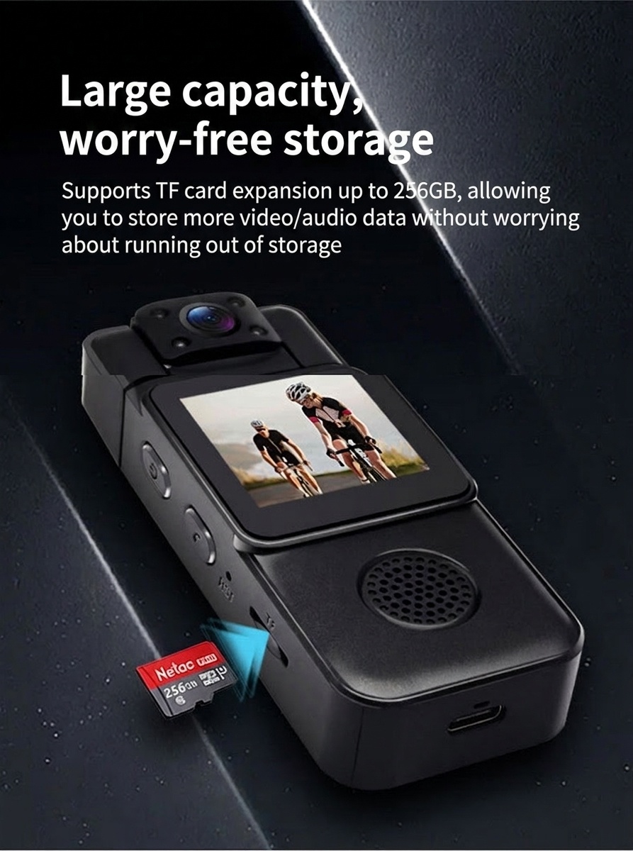 Minicámara de acción 4K de bolsillo con lente giratoria de 180° y detección de movimiento por Wi-Fi.