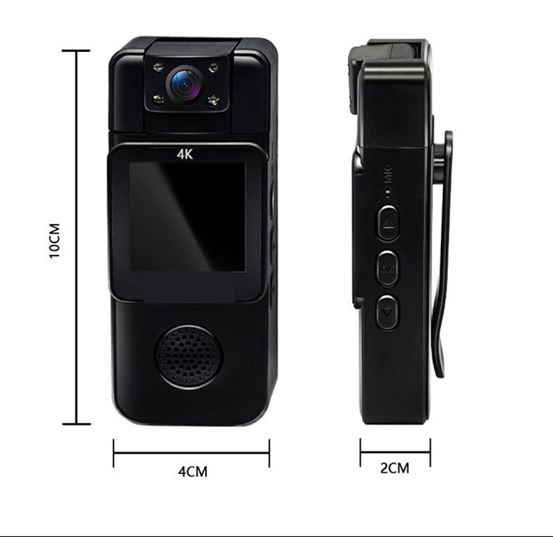 Minicámara de acción 4K de bolsillo con lente giratoria de 180° y detección de movimiento por Wi-Fi.