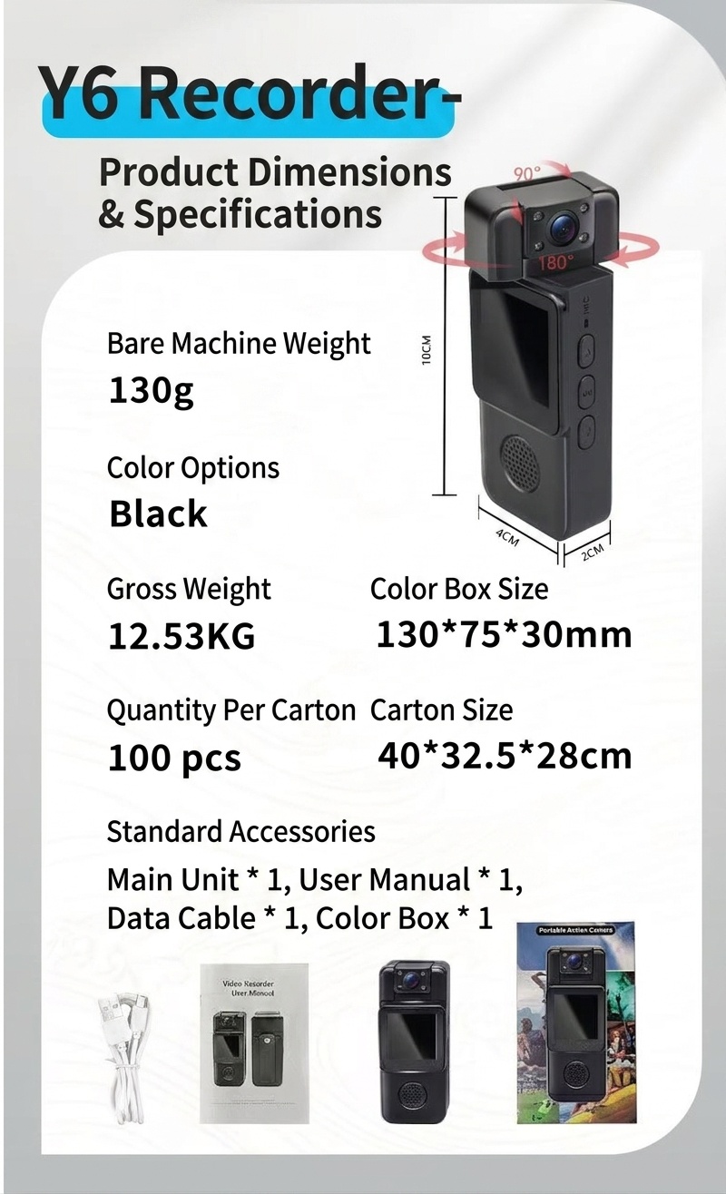 Minicámara de acción 4K de bolsillo con lente giratoria de 180° y detección de movimiento por Wi-Fi.