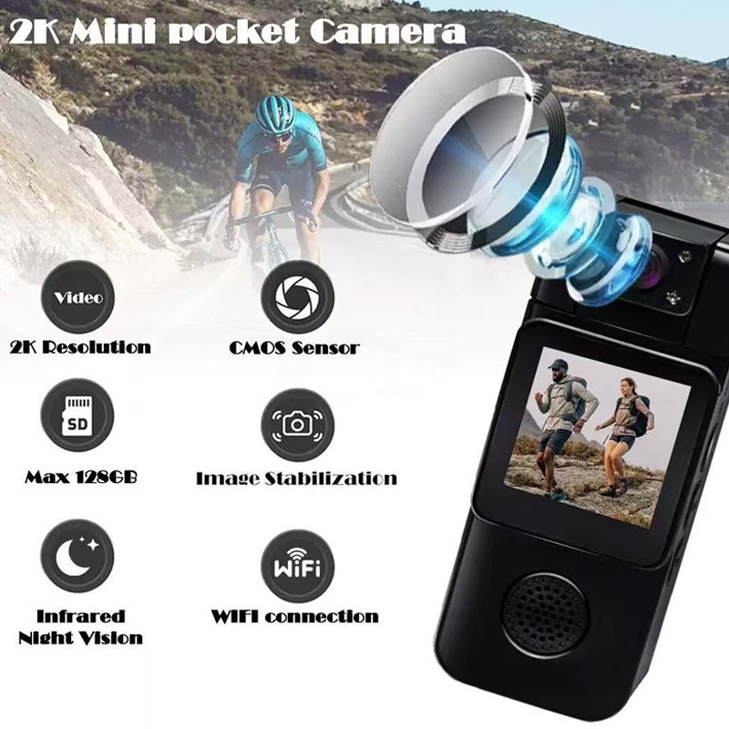 Minicámara de acción 4K de bolsillo con lente giratoria de 180° y detección de movimiento por Wi-Fi.