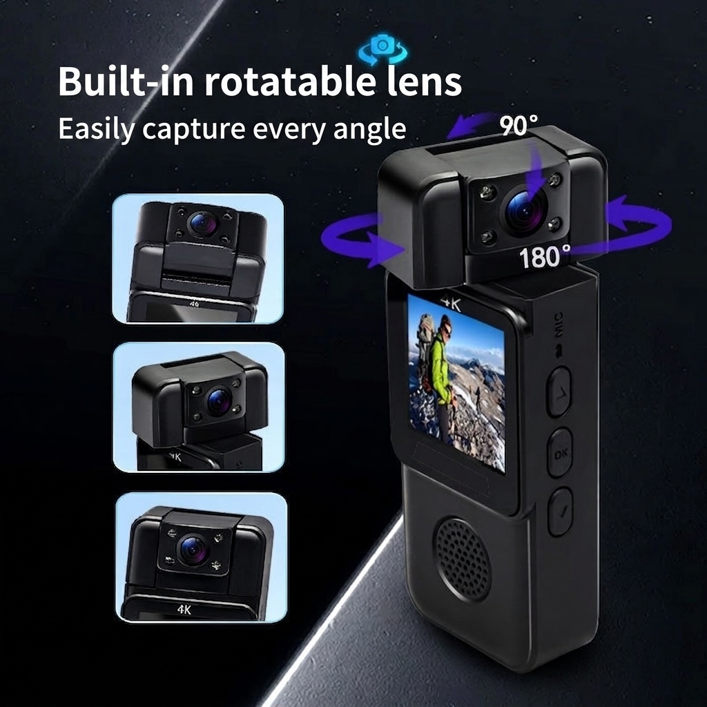 Minicámara de acción 4K de bolsillo con lente giratoria de 180° y detección de movimiento por Wi-Fi.