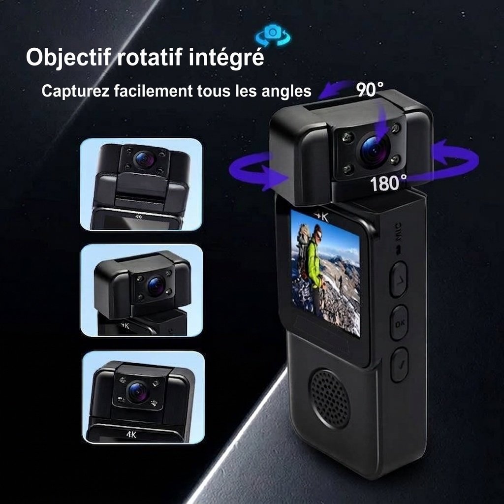 Mini caméra d'action de poche 4K avec objectif rotatif à 180°, Wi-Fi et détection de mouvement