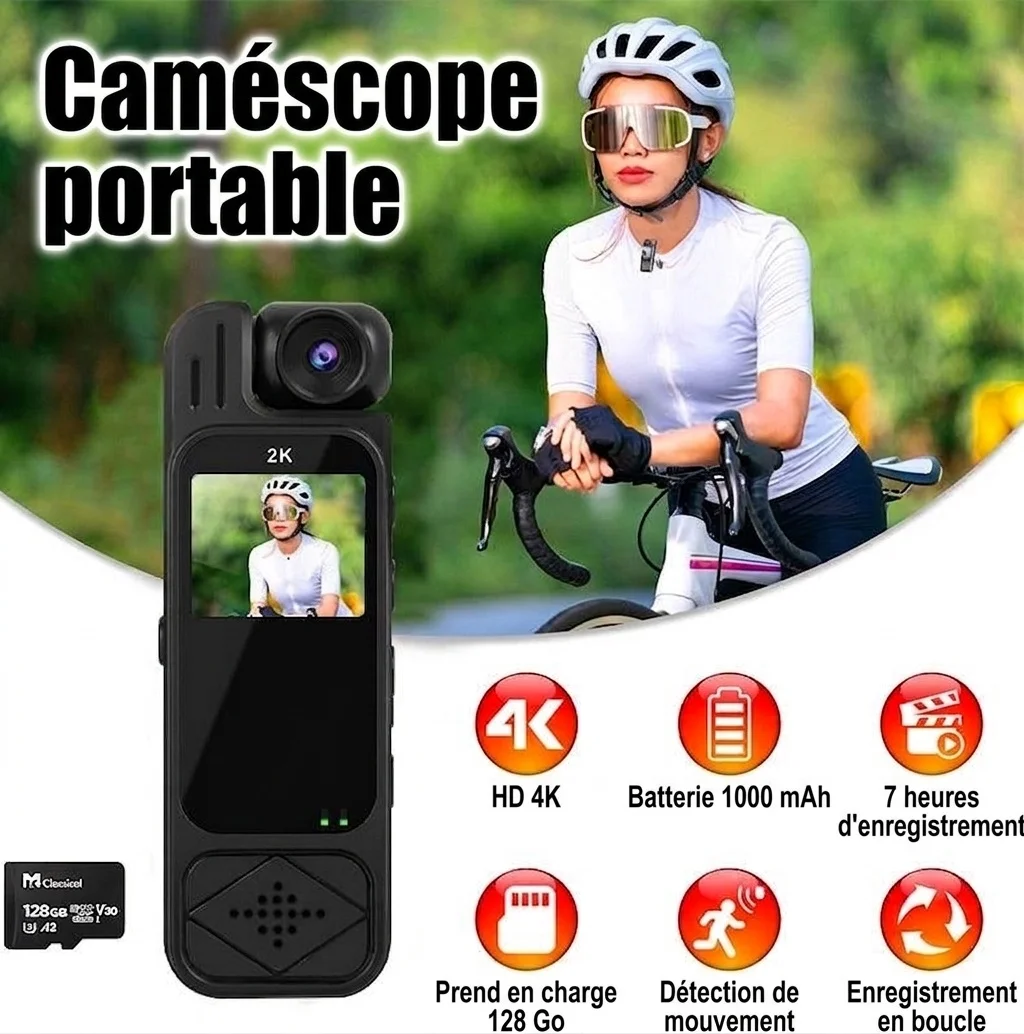 Caméra d'action portable 4K avec objectif rotatif à 180°, vision nocturne et Wi-Fi