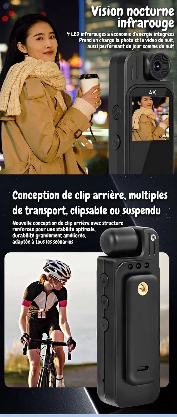 Caméra d'action portable 4K avec objectif rotatif à 180°, vision nocturne et Wi-Fi