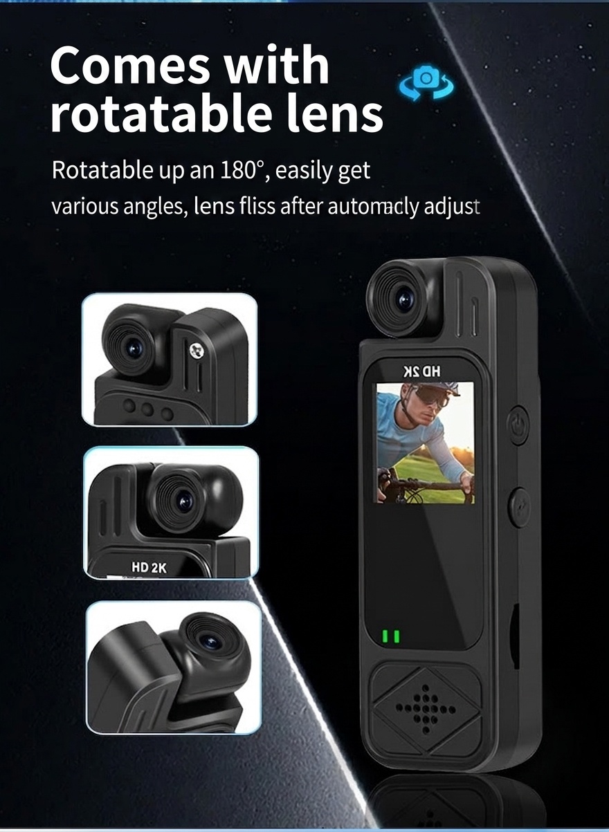 Cámara de acción portátil 4K con lente giratoria de 180°, visión nocturna y WiFi.