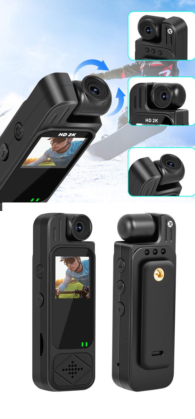 Cámara de acción portátil 4K con lente giratoria de 180°, visión nocturna y WiFi.