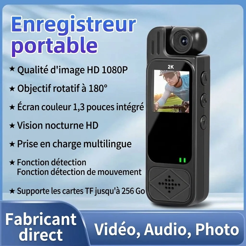 Caméra d'action portable 4K avec objectif rotatif à 180°, vision nocturne et Wi-Fi
