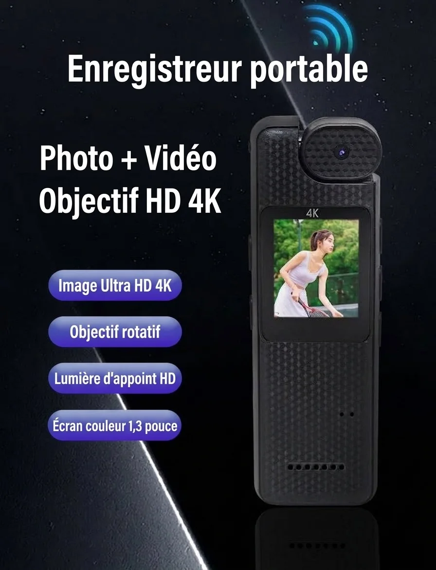 Caméra d'action portable 4K, objectif rotatif à 180°, vision nocturne grand angle à 160°.