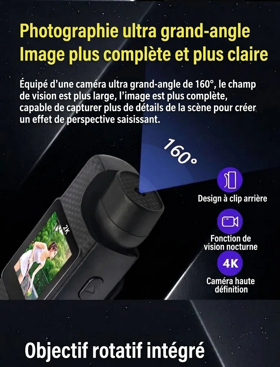 Caméra d'action portable 4K, objectif rotatif à 180°, vision nocturne grand angle à 160°.
