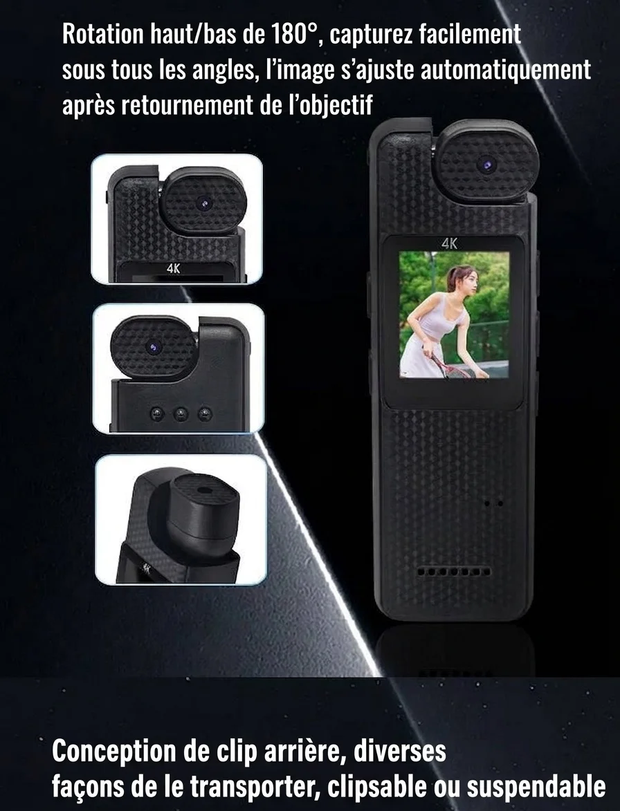 Caméra d'action portable 4K, objectif rotatif à 180°, vision nocturne grand angle à 160°.