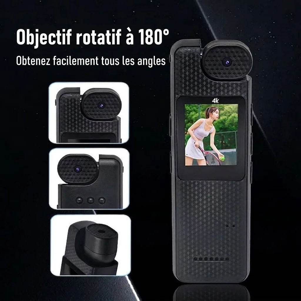 Caméra d'action portable 4K, objectif rotatif à 180°, vision nocturne grand angle à 160°.