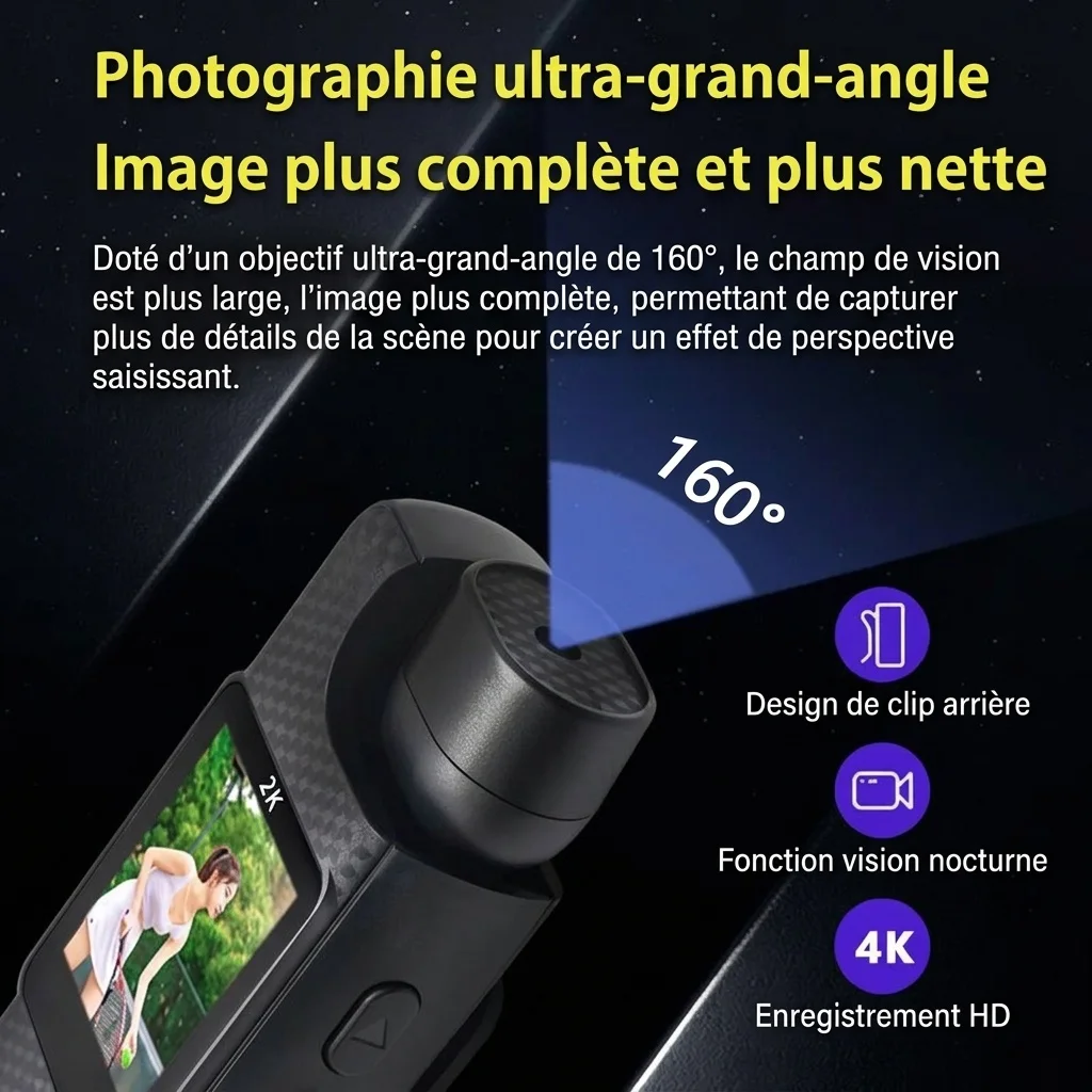 Caméra d'action portable 4K, objectif rotatif à 180°, vision nocturne grand angle à 160°.
