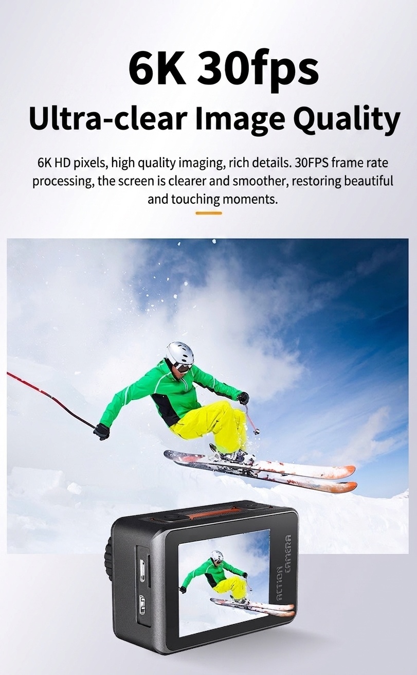 Cámara de acción OurLife 6K a 30 fps, sumergible hasta 30 m, doble pantalla, estabilización EIS, WiFi, ideal para vlogging deportivo.