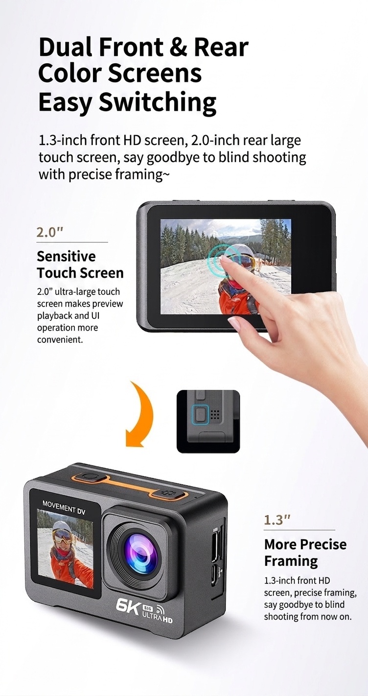 Cámara de acción OurLife 6K a 30 fps, sumergible hasta 30 m, doble pantalla, estabilización EIS, WiFi, ideal para vlogging deportivo.