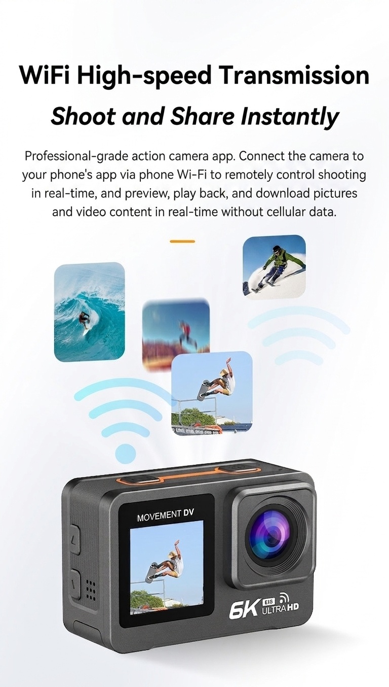 Cámara de acción OurLife 6K a 30 fps, sumergible hasta 30 m, doble pantalla, estabilización EIS, WiFi, ideal para vlogging deportivo.