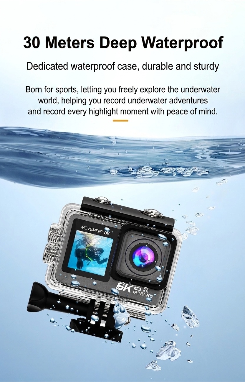 Cámara de acción OurLife 6K a 30 fps, sumergible hasta 30 m, doble pantalla, estabilización EIS, WiFi, ideal para vlogging deportivo.