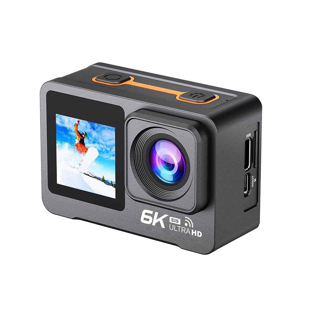 Cámara de acción OurLife 6K a 30 fps, sumergible hasta 30 m, doble pantalla, estabilización EIS, WiFi, ideal para vlogging deportivo.