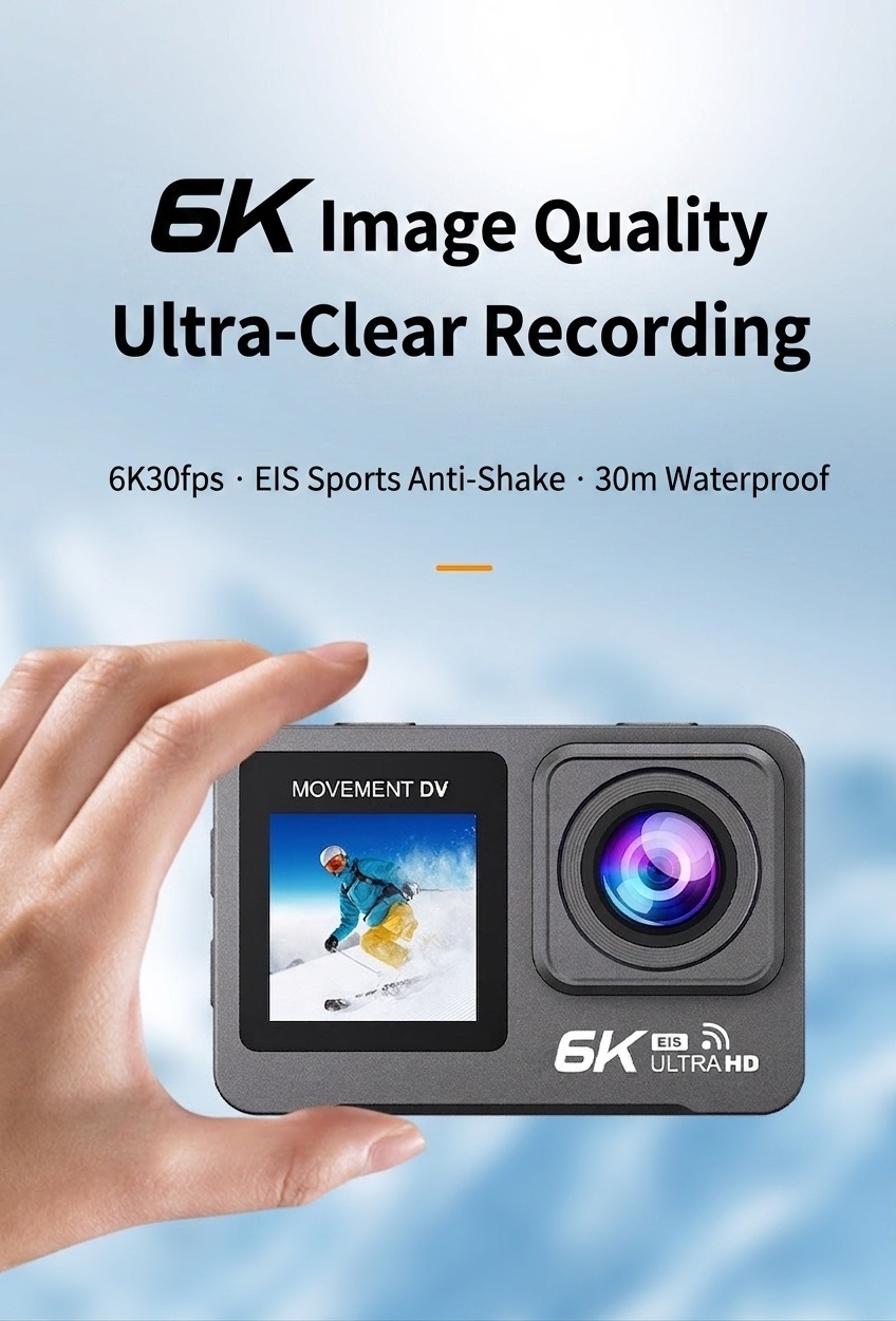 Cámara de acción OurLife 6K a 30 fps, sumergible hasta 30 m, doble pantalla, estabilización EIS, WiFi, ideal para vlogging deportivo.