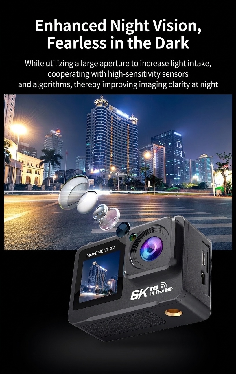 Cámara de acción OurLife 6K a 30 fps, sumergible hasta 30 m, doble pantalla, estabilización EIS, WiFi, ideal para vlogging deportivo.