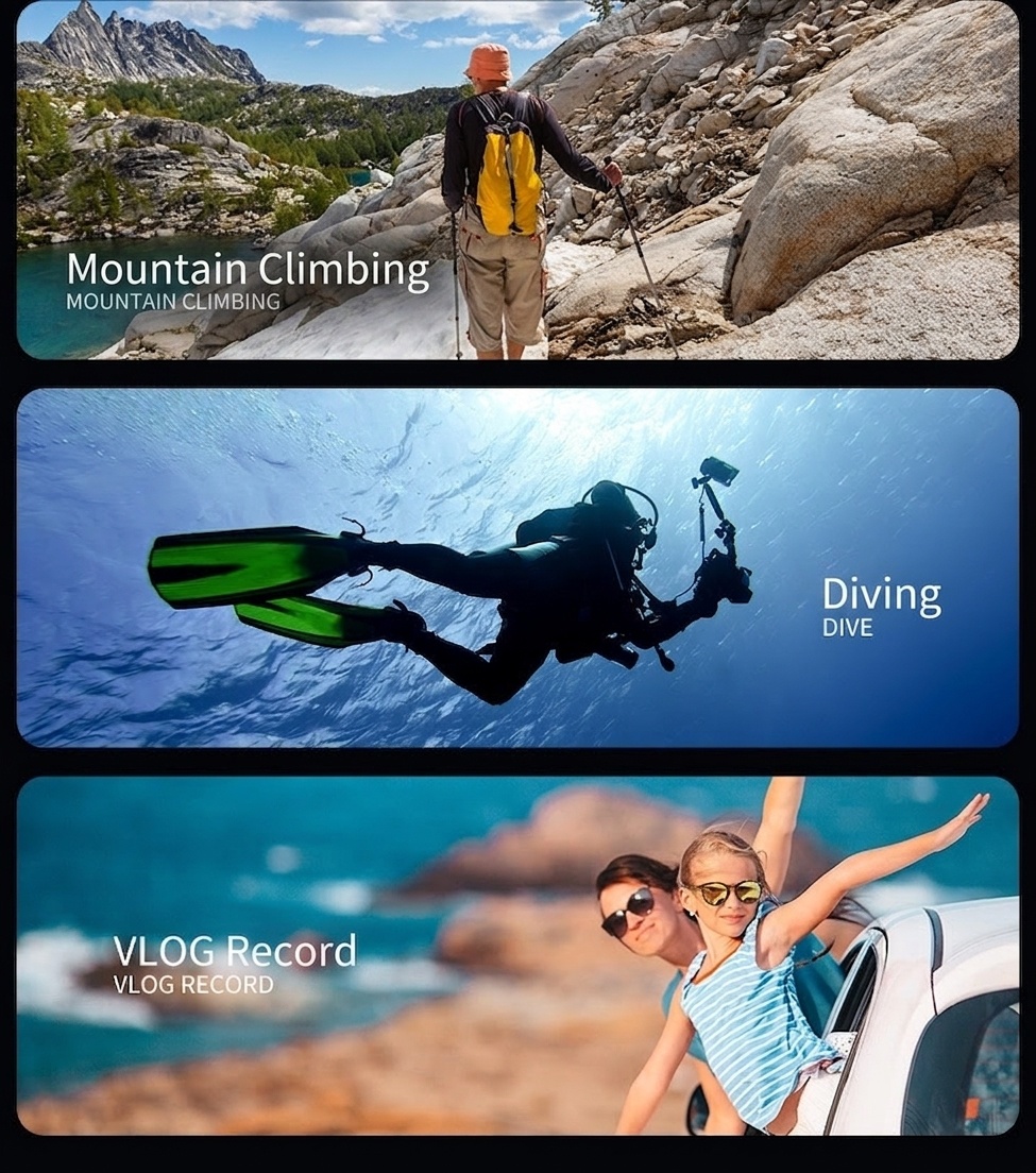 Cámara de acción OurLife 6K a 30 fps, sumergible hasta 30 m, doble pantalla, estabilización EIS, WiFi, ideal para vlogging deportivo.