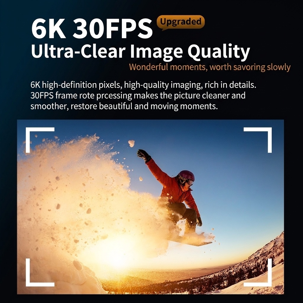 Cámara de acción OurLife 6K a 30 fps, sumergible hasta 30 m, doble pantalla, estabilización EIS, WiFi, ideal para vlogging deportivo.